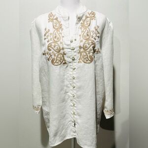 Tweeds linen shirt embroidered bohemian white summer resort costal women’s XL